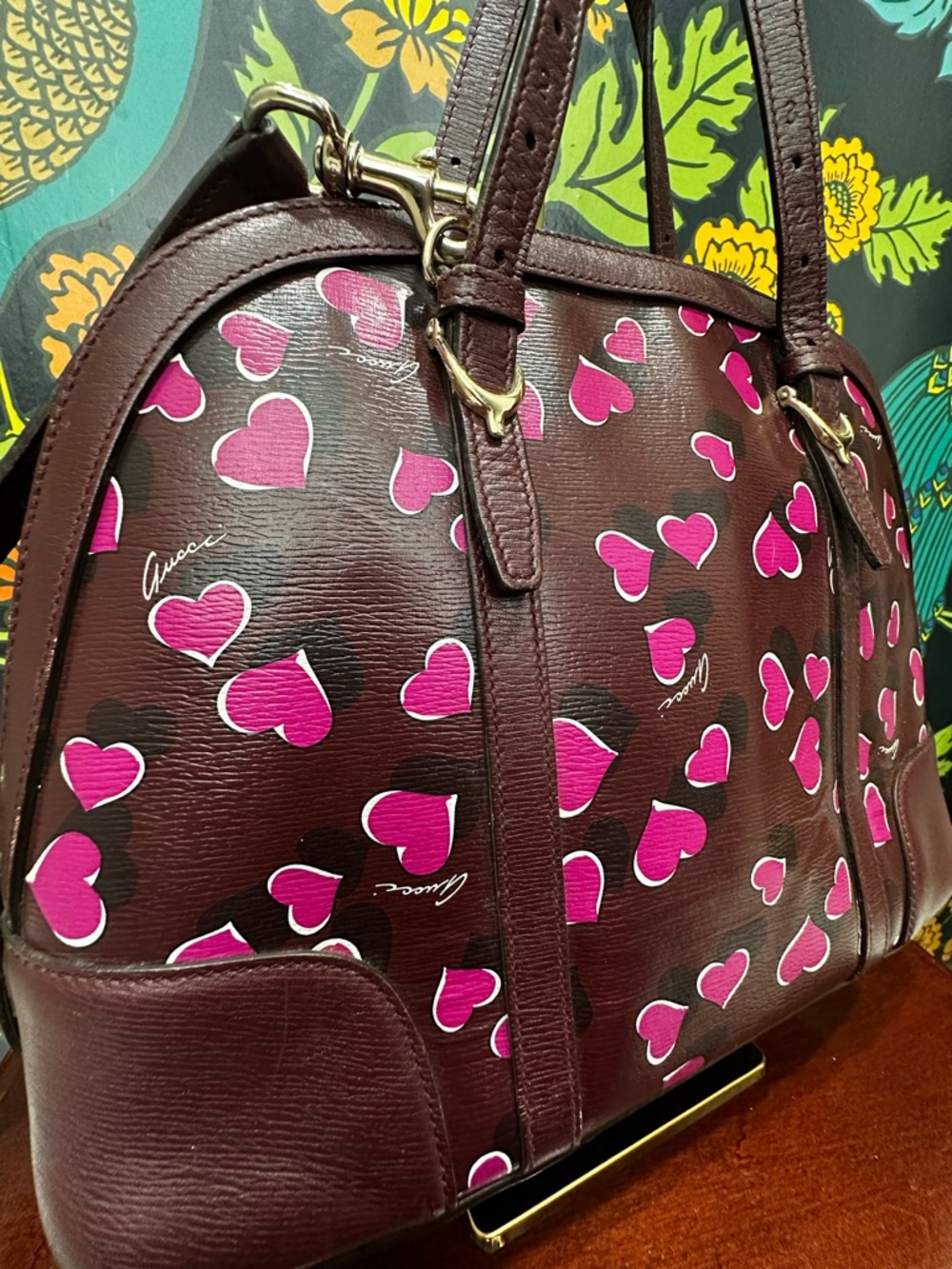 Gucci Heart Print Dome Satchel – Burgundy Leather Trim - Picture 7 of 15